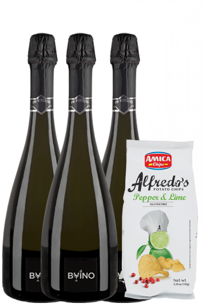 3 Prosecco DOC Treviso Millesimato 2023 Bernabei + Amica Chips Pepper & Lime Alfredo's 3 x 150gr