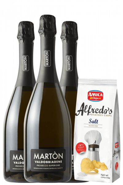 3 Prosecco Di Valdobbiadene Superiore DOCG Extra Dry Martòn + Amica Chips Sale Marino Alfredo's 3 x 150gr