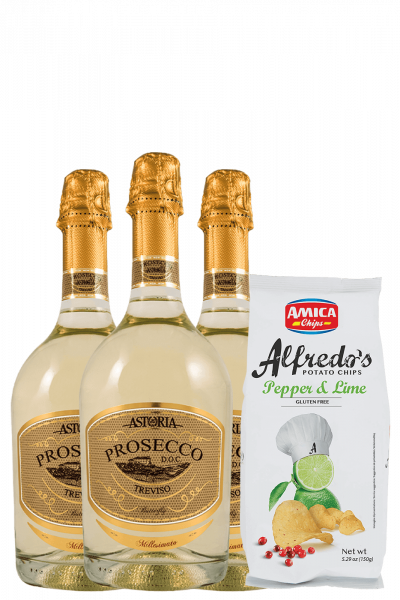 3 Prosecco DOC Treviso Butterfly 2022 Astoria + Amica Chips Pepper & Lime Alfredo's 3 x 150gr