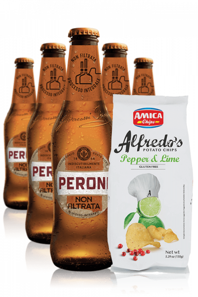 Peroni Non Filtrata da 24 x 33cl + Amica Chips Pepper & Lime Alfredo’s 3 x 150 gr